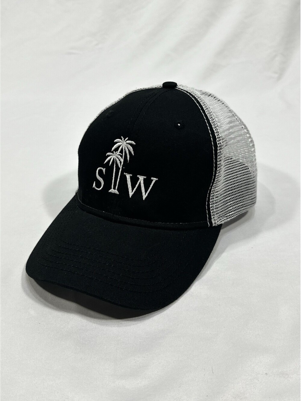 Black & White Trucker Hat – Palm Tree “SW” Embroidery - Sportsman Mesh Cap